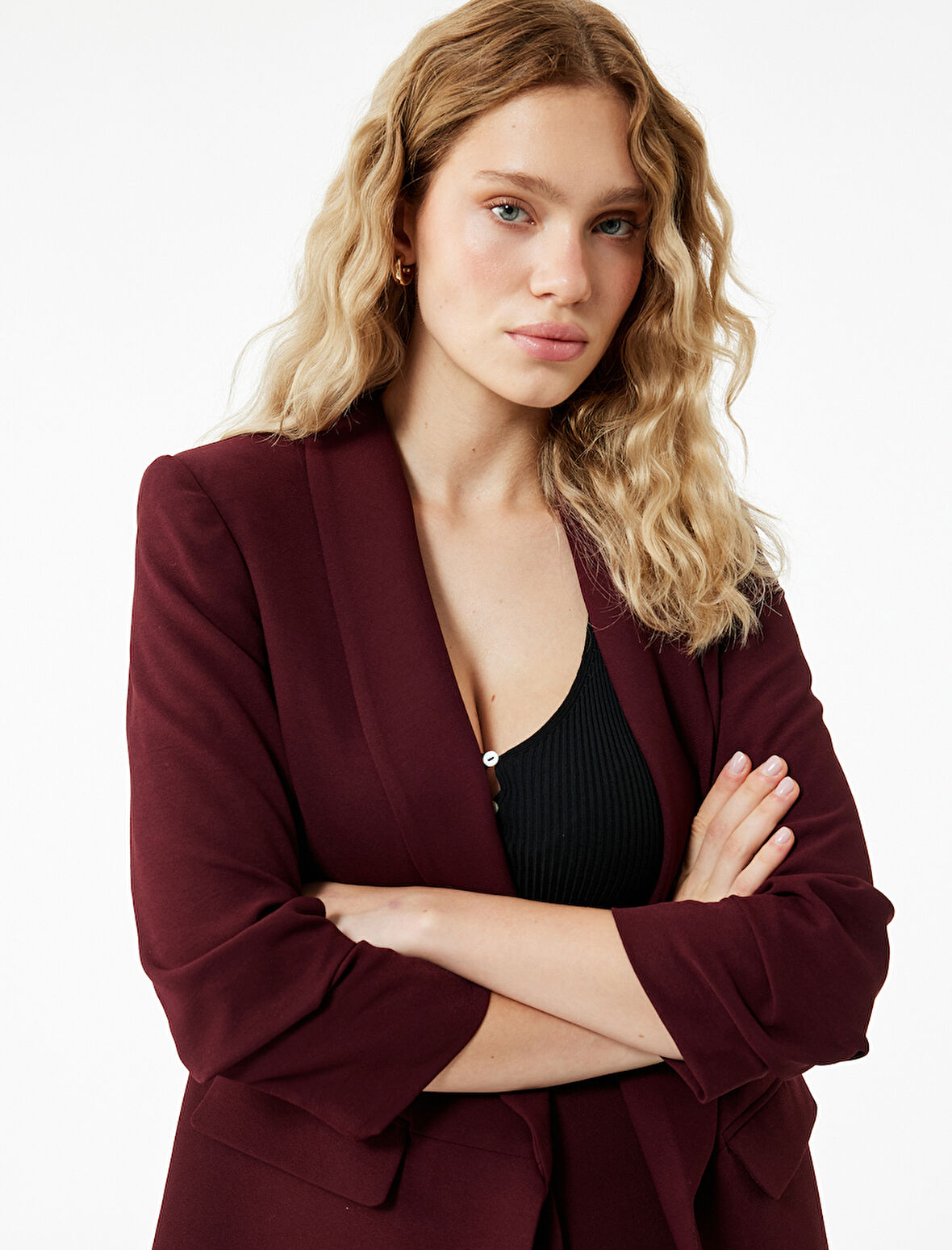 Krep Kumaş Regular Fit Şal Yaka 3/4 Kollu Blazer Ceket