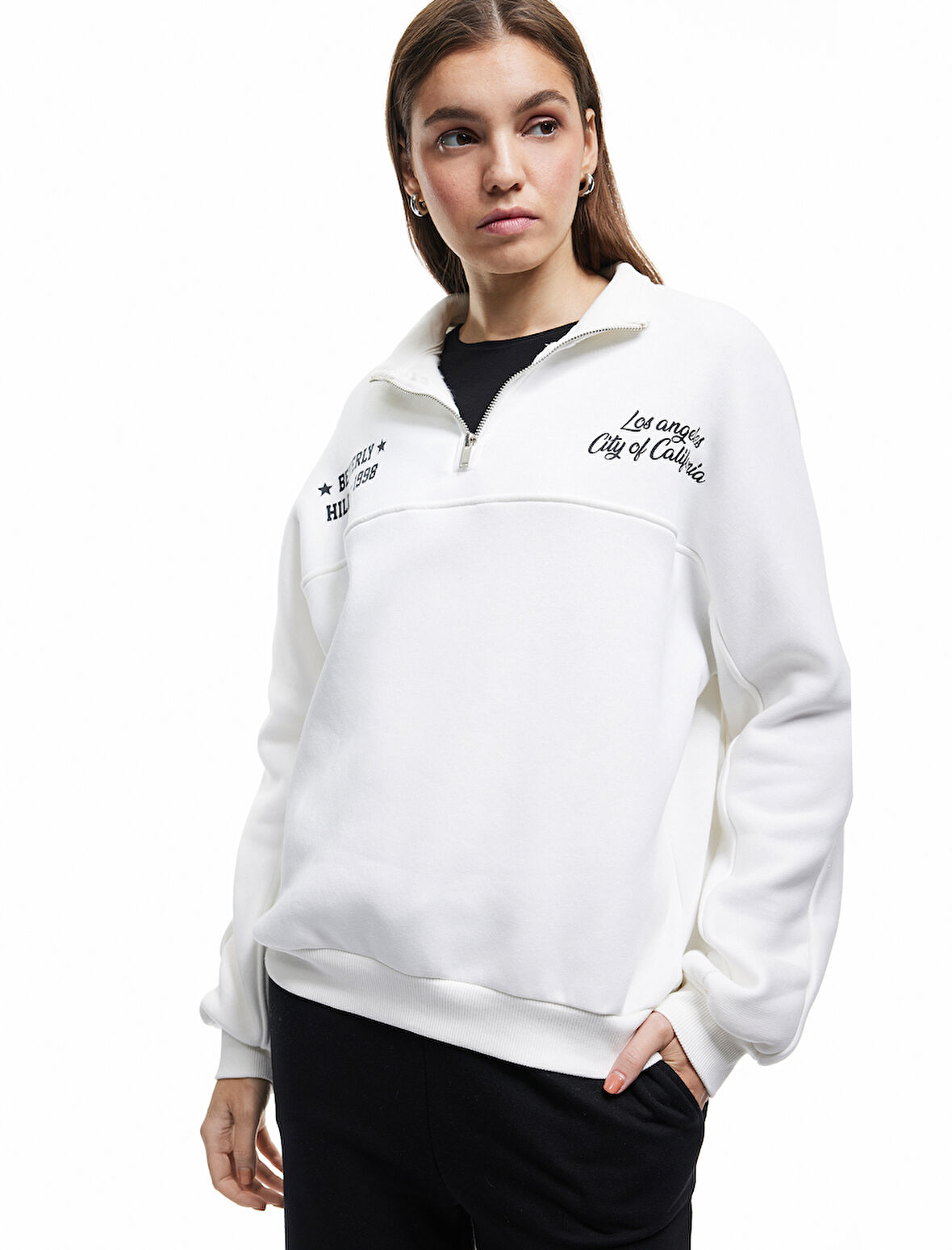 Şardonlu Uzun Kollu Arkası Baskılı Yarım Fermuarlı Sweatshirt