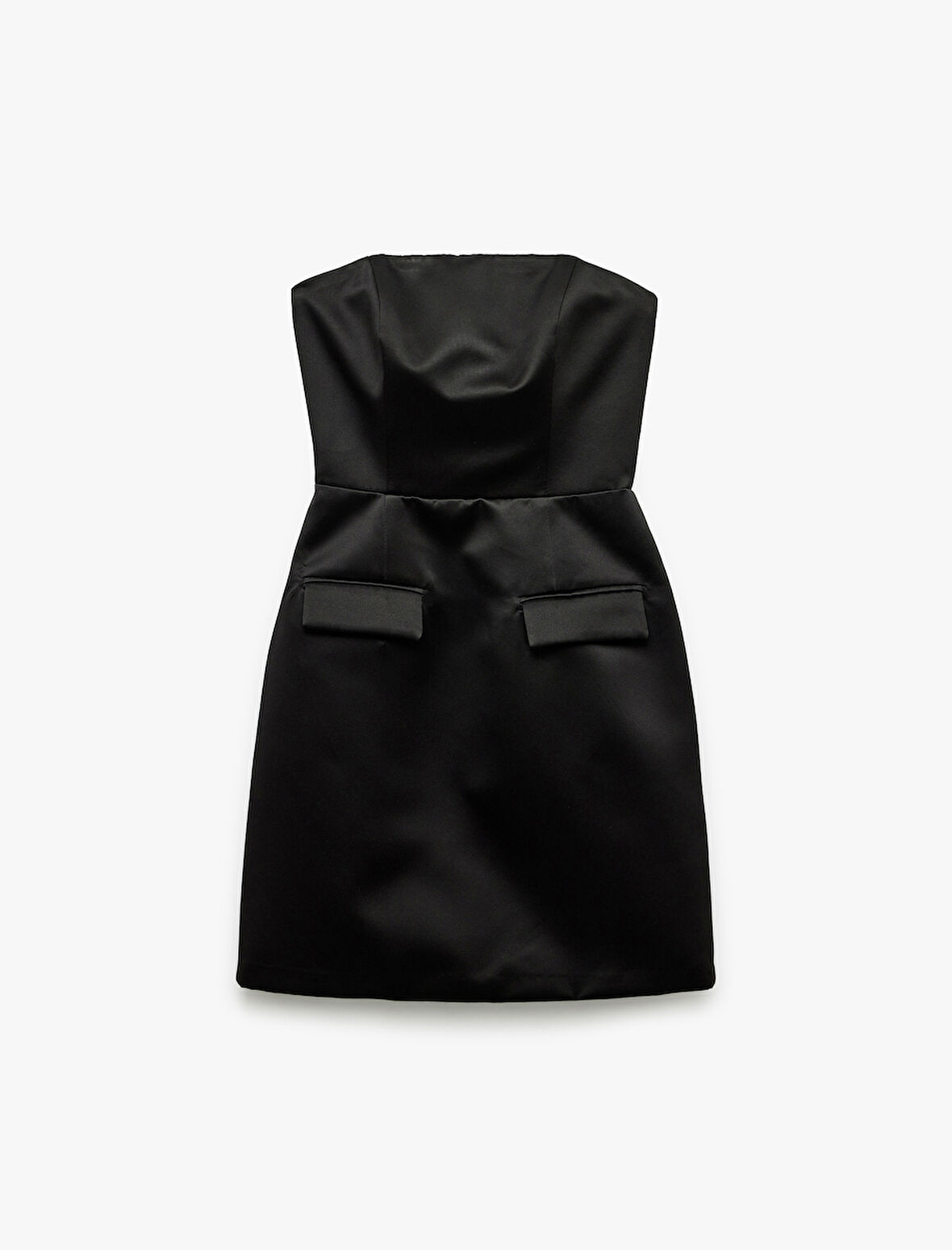 Straplez Yaka Cep Detaylı Saten Bodycon Kolsuz Dar Kesim Mini Abiye Elbise