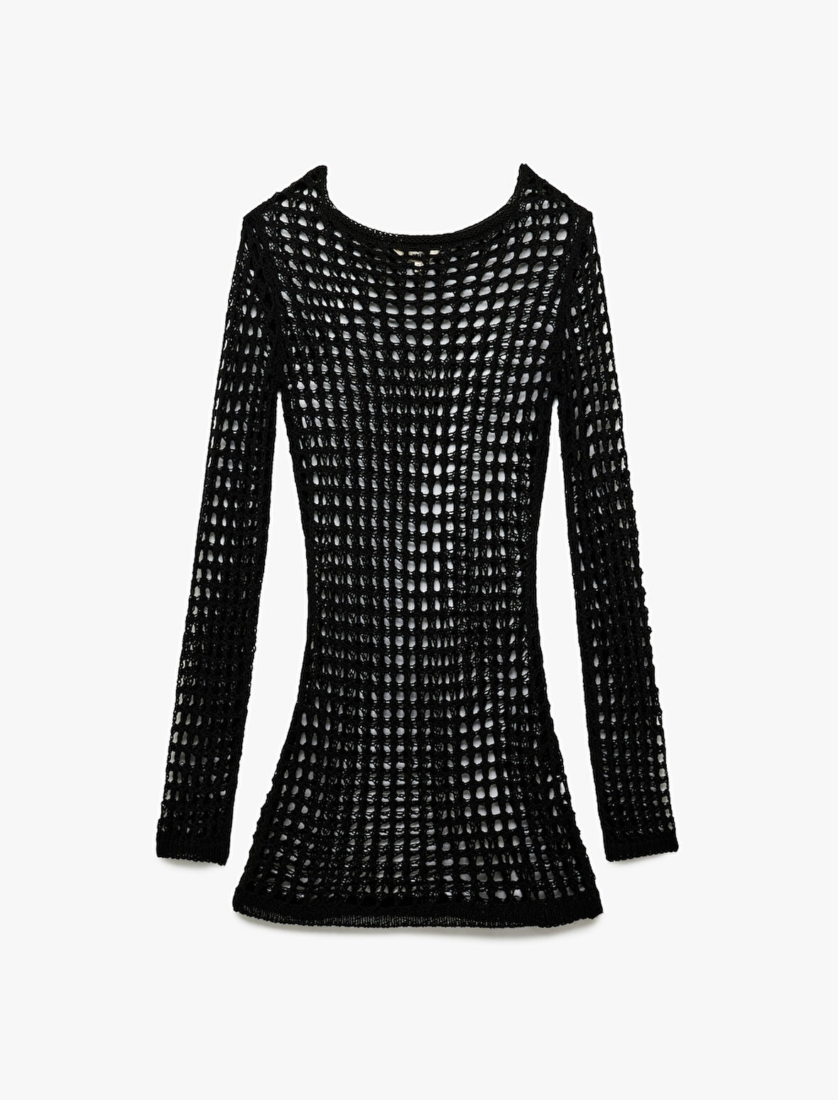 Slim Fit Uzun Kollu Bisiklet Yaka Mini Kroşe File Plaj Elbisesi