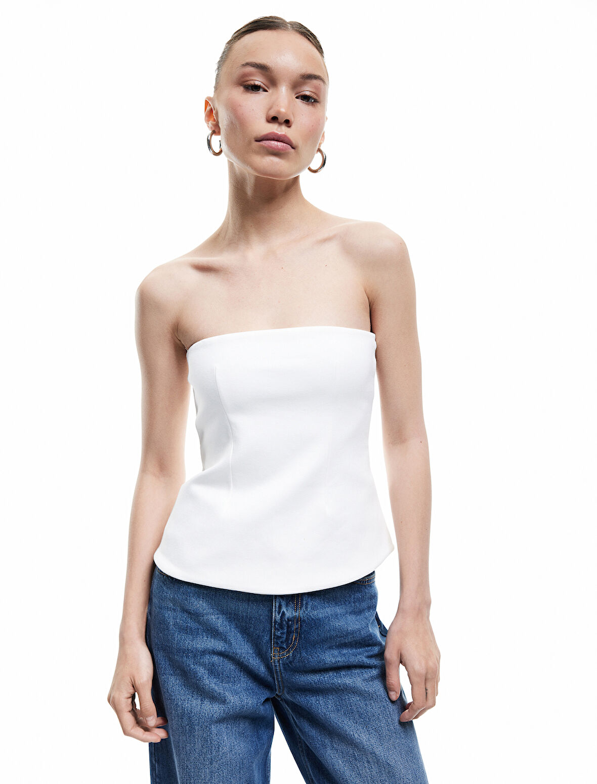 Pamuklu Kolsuz Slim Fit Peplum Straplez Bluz