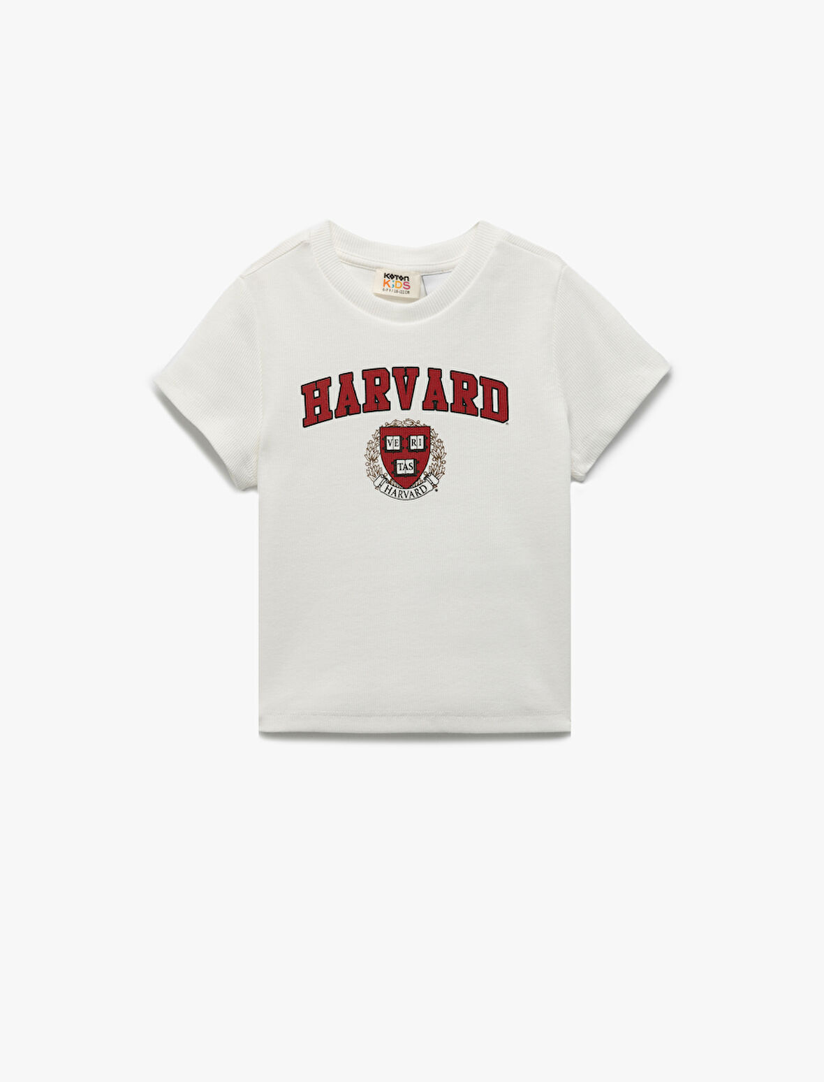 Lisanslı Harvard Baskılı Bisiklet Yaka Kısa Kollu Pamuklu Crop Tişört