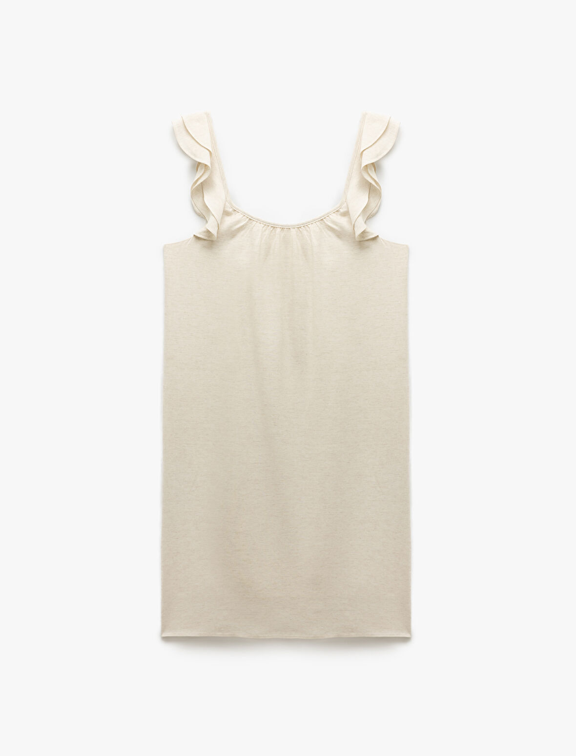 Viskon Keten Karışımlı Kare Yaka Fırfırlı Askılı Mini Elbise