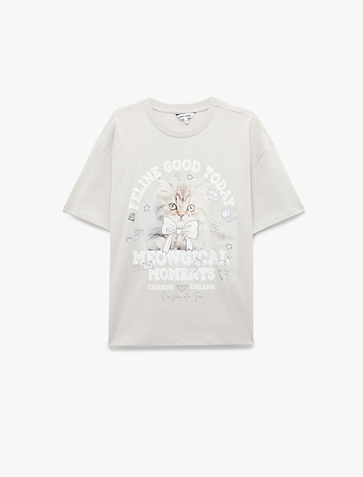 Kısa Kollu Bisiklet Yaka Baskılı Pamuklu Tişört