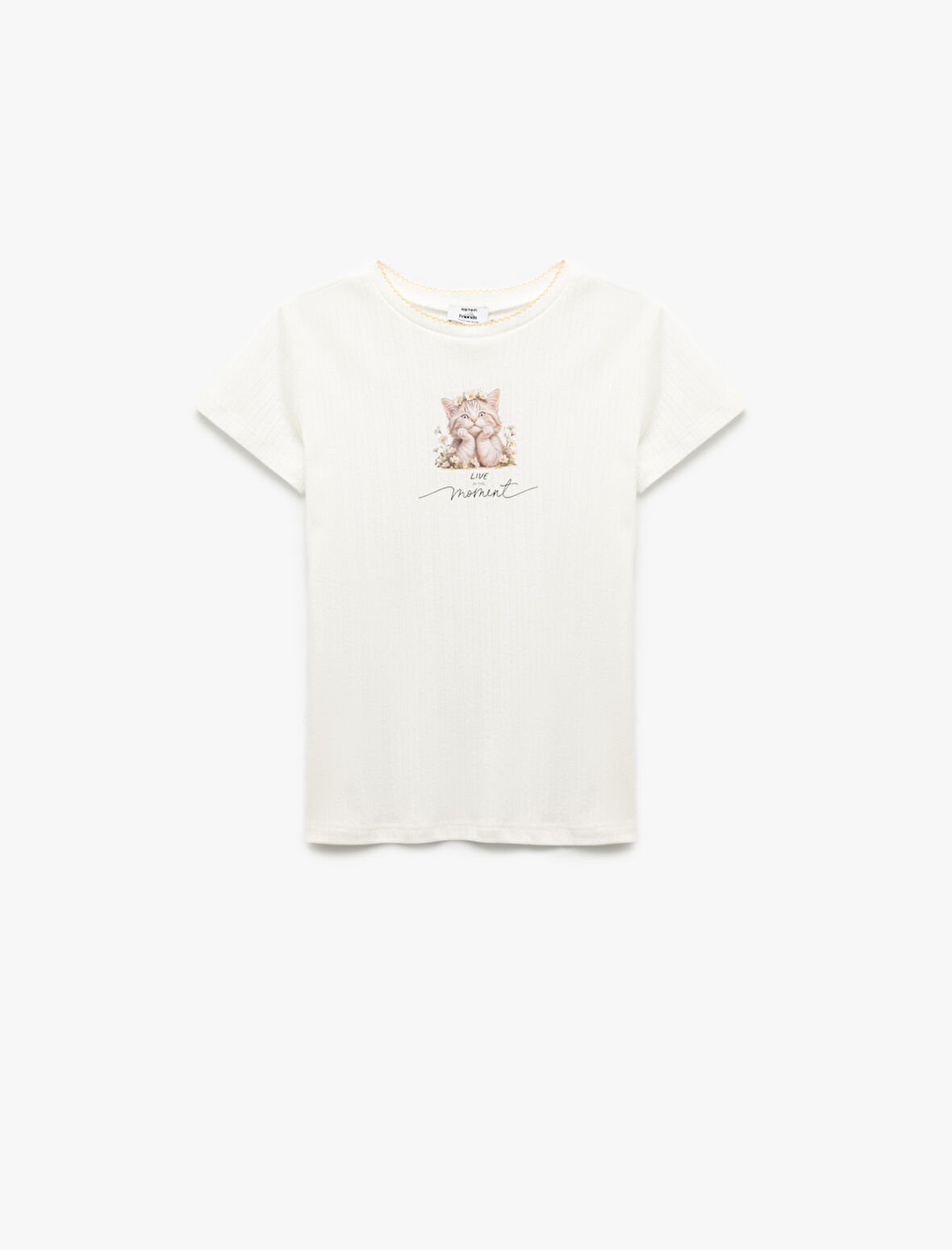 Kedi Baskılı Kısa Kollu Bisiklet Yaka Tişört