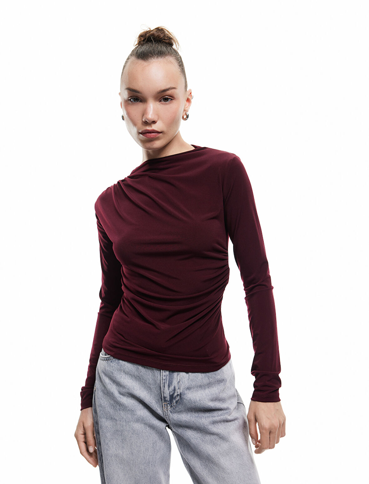 Drape Detaylı Dar Kesim Uzun Kollu Tişört