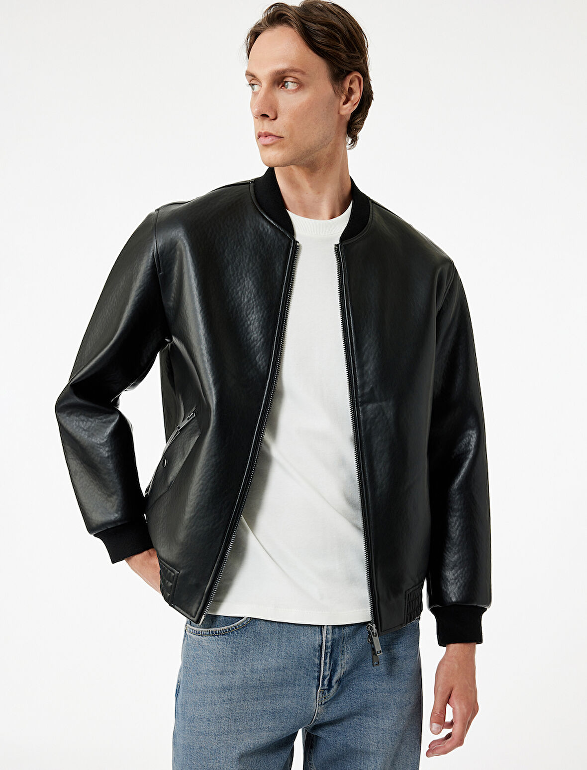 Uzun Kollu Fermuarlı Cep Detaylı Bomber Suni Deri Ceket