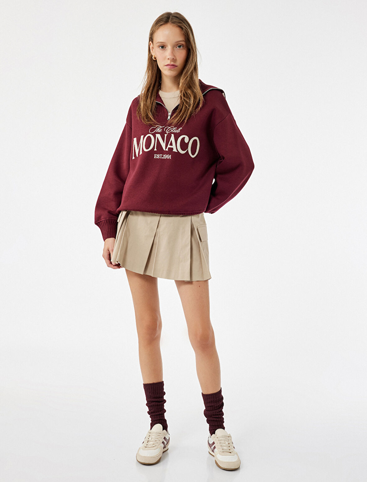 Yarım Fermuarlı Pamuklu Rahat Kalıp Kolej Baskılı Sweatshirt