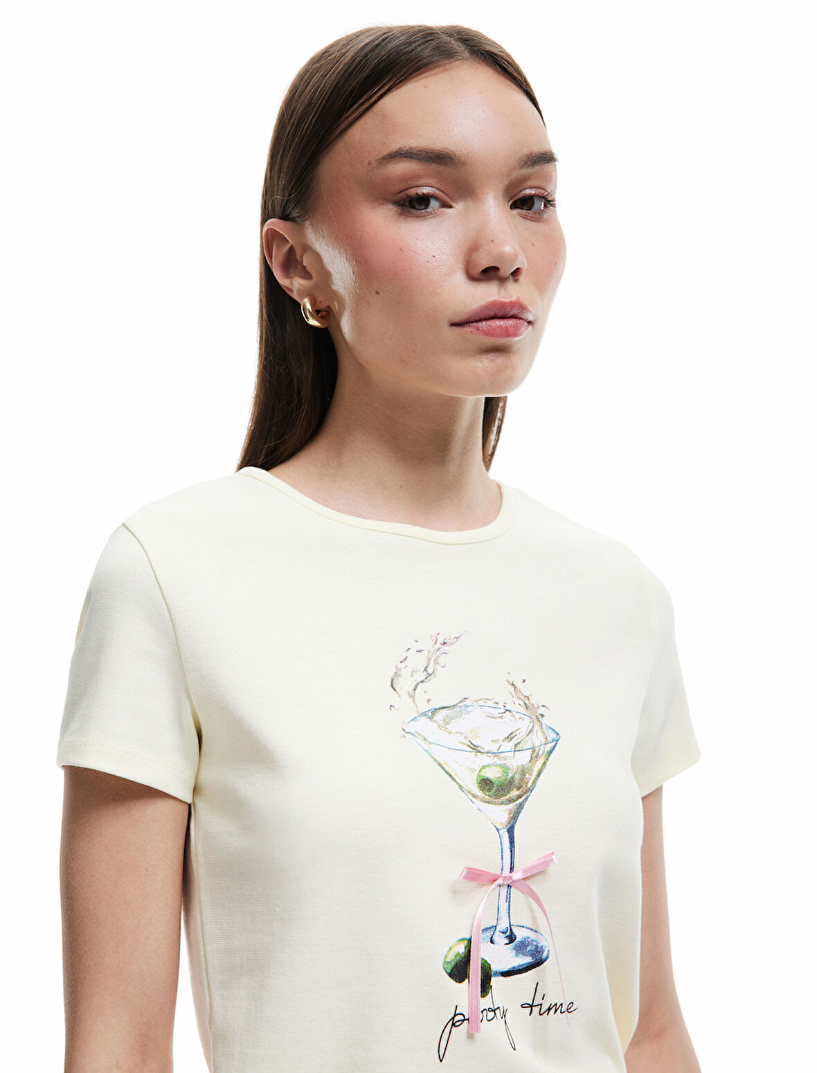 Kısa Kollu Bisiklet Yaka Baskılı Pamuklu Tişört