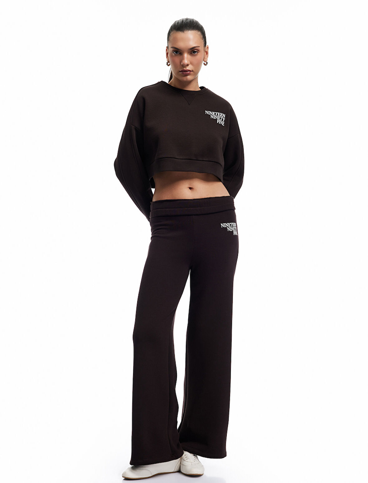Baskılı Uzun Kollu Bisiklet Yaka Şardonlu Oversize Crop Sweatshirt