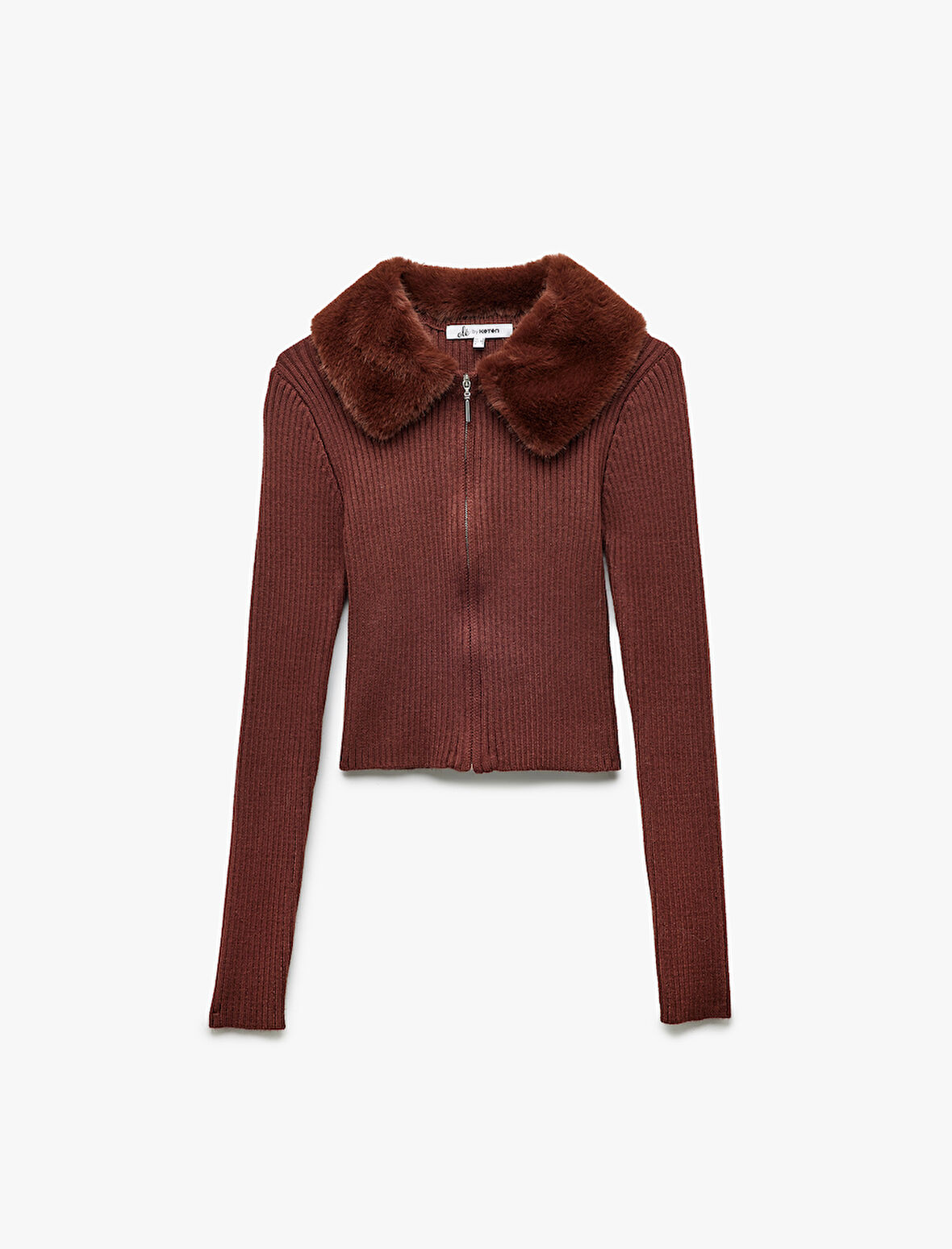 Viskon Karışımlı Suni Kürk Yakalı Uzun Kollu Fermuarlı Triko Hırka