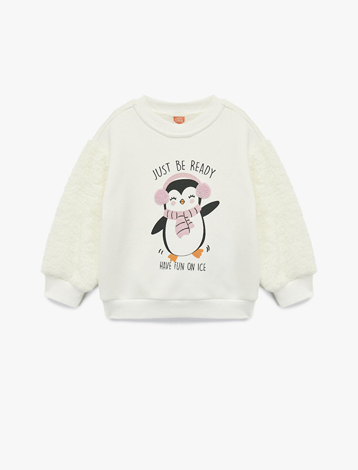 Penguen Baskılı Uzun Kollu Bisiklet Yaka Pamuklu Sweatshirt