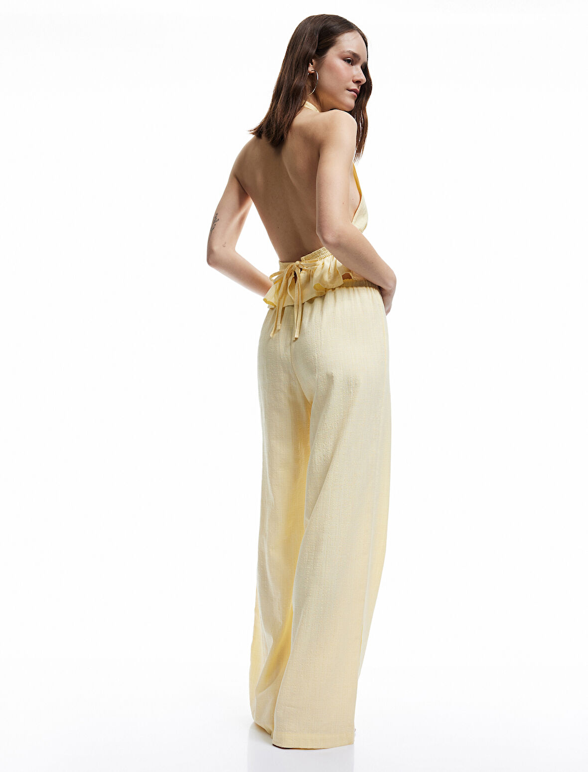 Beli Bağcıklı Düz Paça Viskon Karışımlı Pantolon