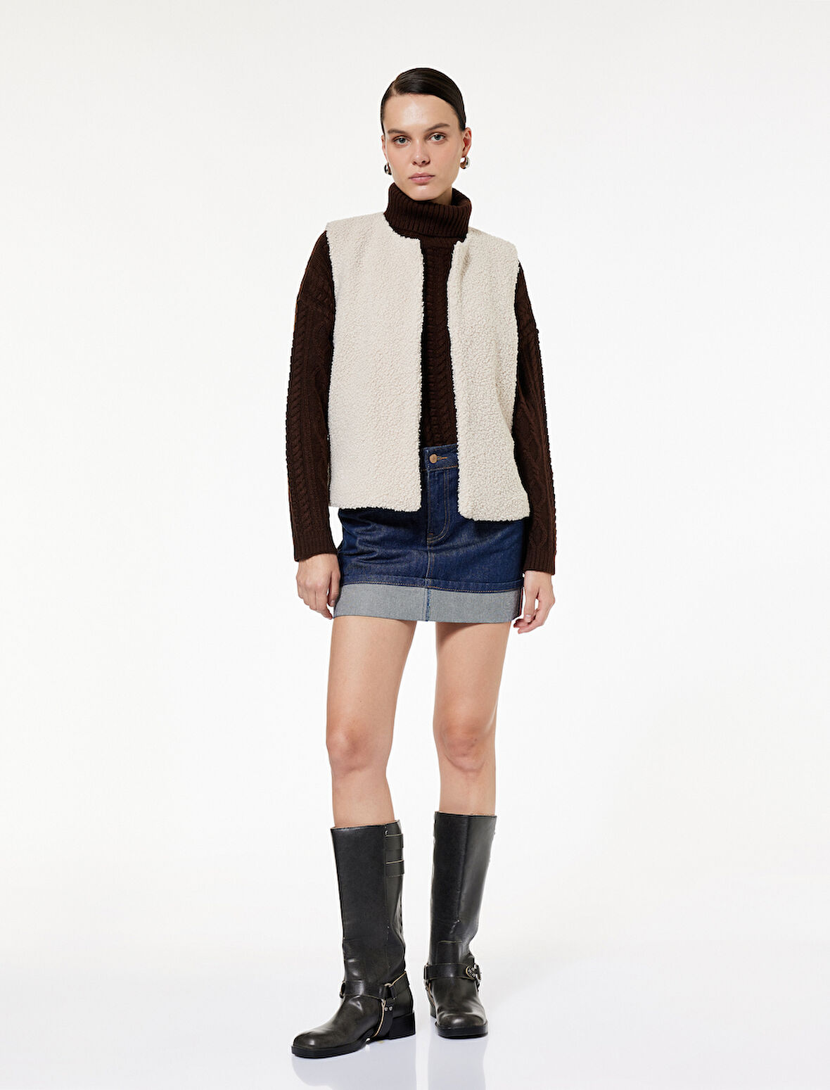 Bisiklet Yaka Crop Peluş Yelek