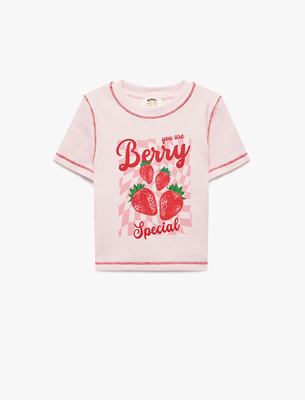 Pamuklu Kısa Kollu Bisiklet Yaka Çilek Baskılı Crop Tişört
