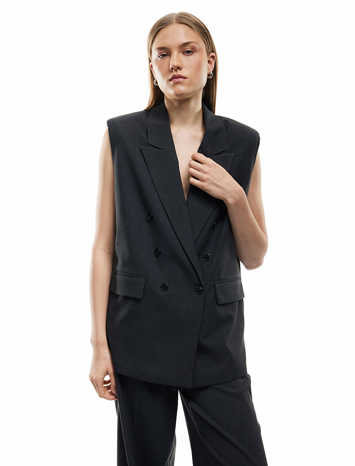 Astarlı Cepli Kruvaze Düğmeli Kolsuz Uzun Blazer Yelek