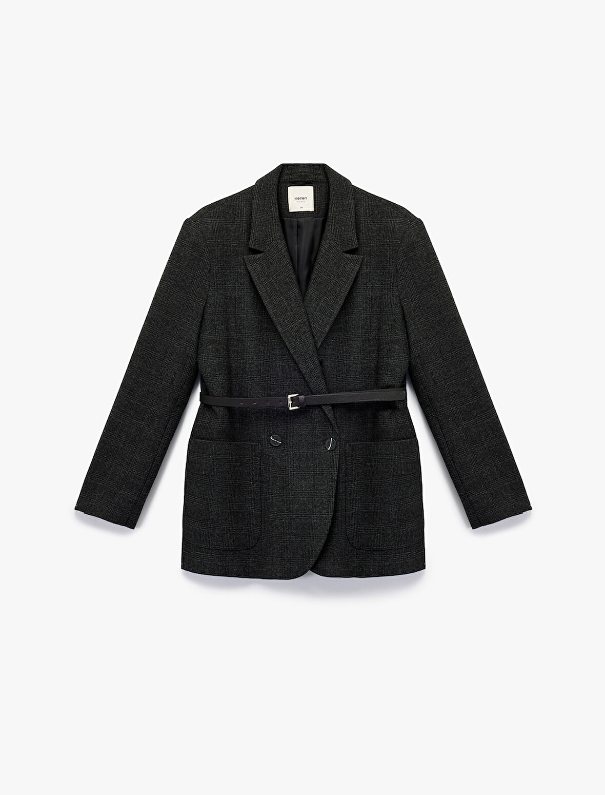 Uzun Kollu Cepli Kruvaze Kemerli Ekose Blazer Ceket