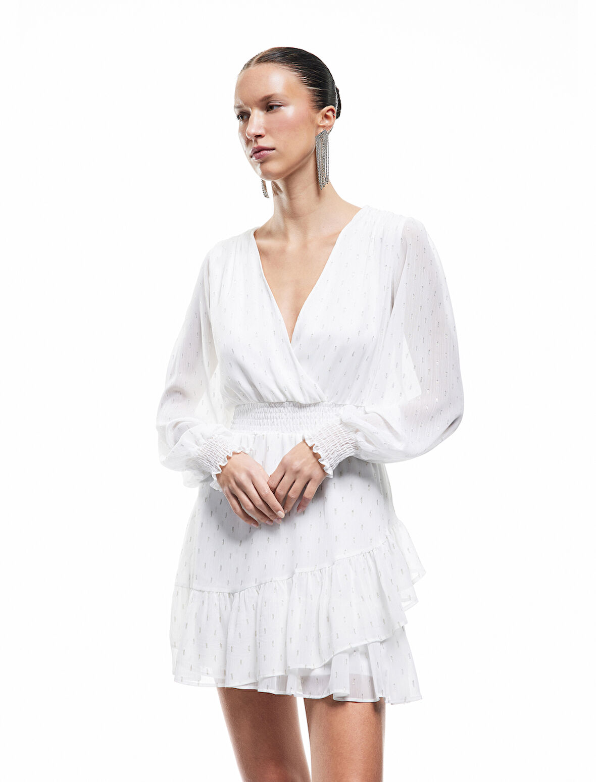 V Yaka Gipeli Uzun Kollu Simli Mini Abiye Elbise