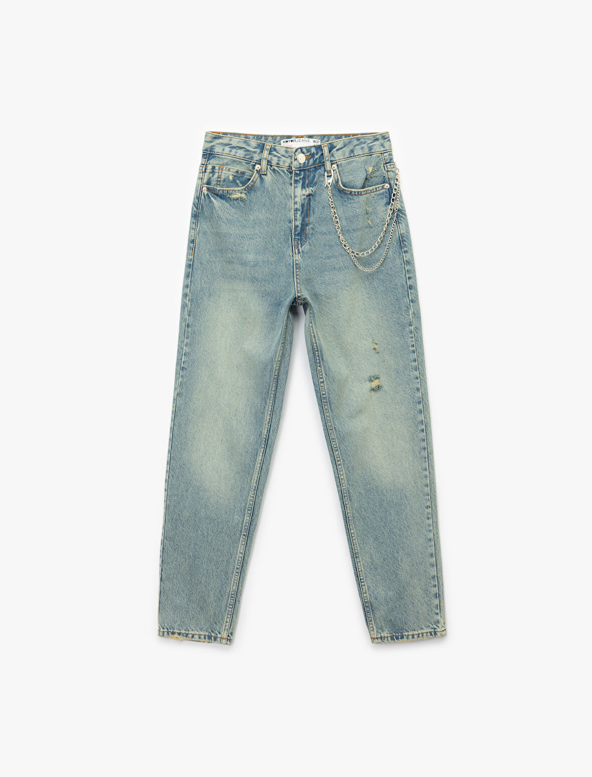 Yüksek Bel Rahat Kalıp Yıpratılmış Zincir Detaylı Mom Jean Pantolon - Mom Slim Jean