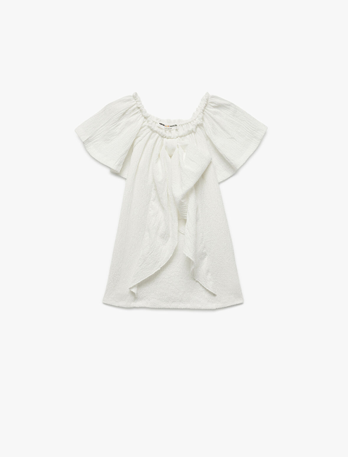 Bürümcük Kumaş Fiyonklu Omzu Açık Fırfırlı Kısa Kollu Bluz