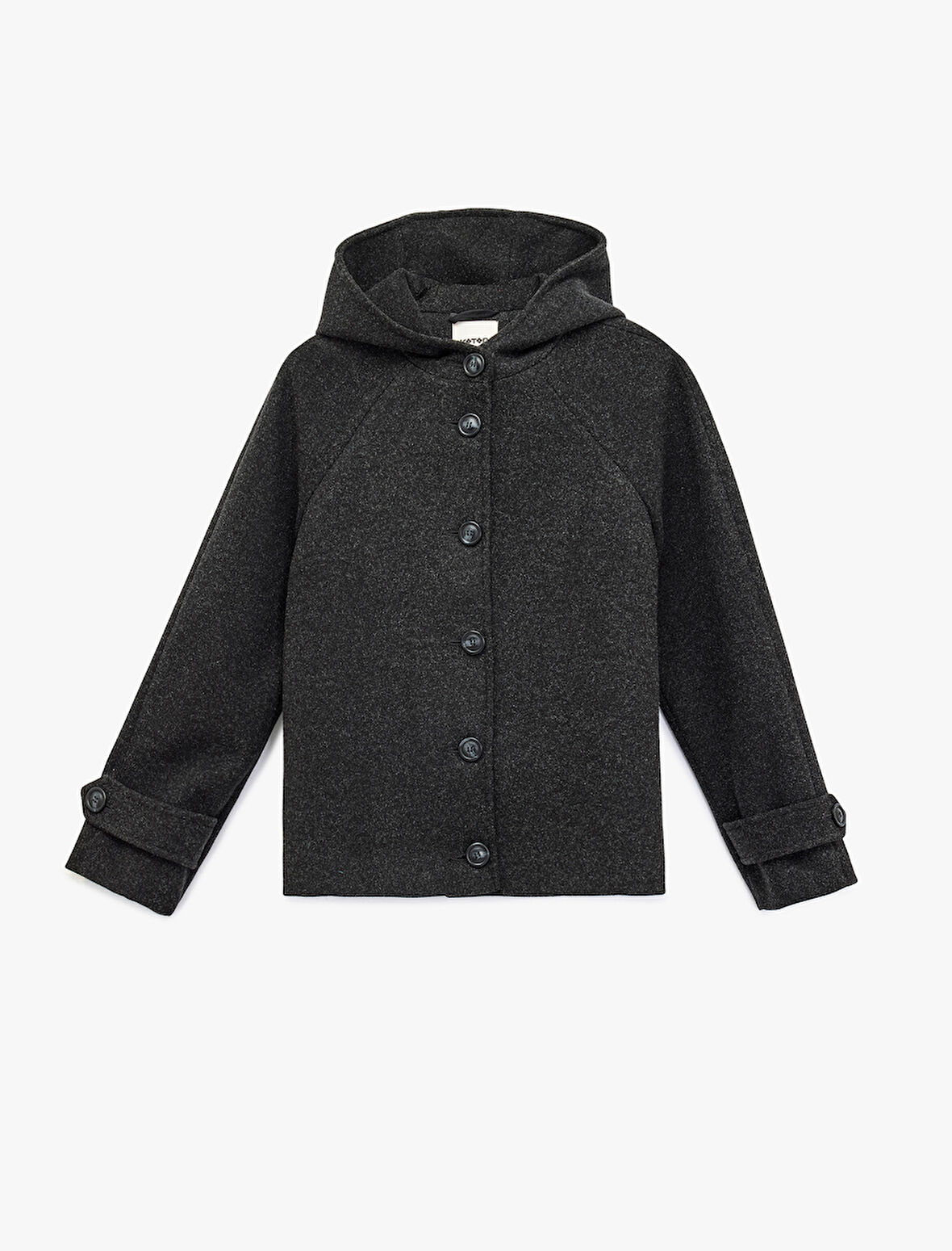 Düğmeli Cepli Uzun Kollu Kısa Kapüşonlu Kaşe Mont