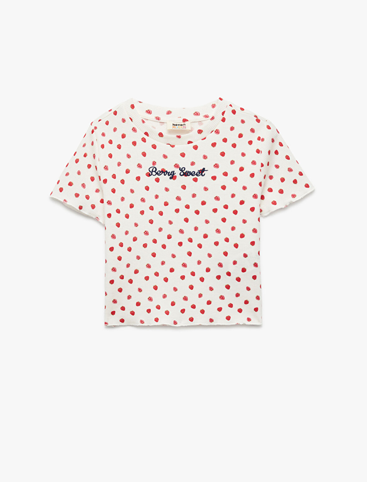 Pamuklu Nakış Detaylı Çilek Baskılı Dar Kalıp Bisiklet Yaka Kısa Kollu Tişört
