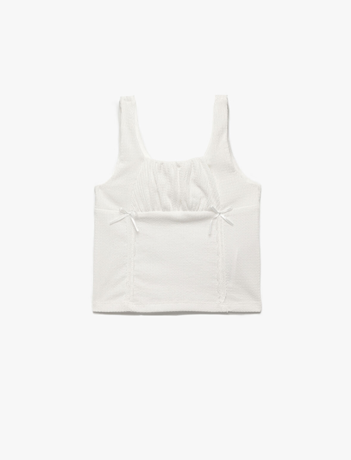 Bürümcük Kumaş Slim Fit Kare Yaka Fiyonk Detaylı Kolsuz Askılı Crop Bluz