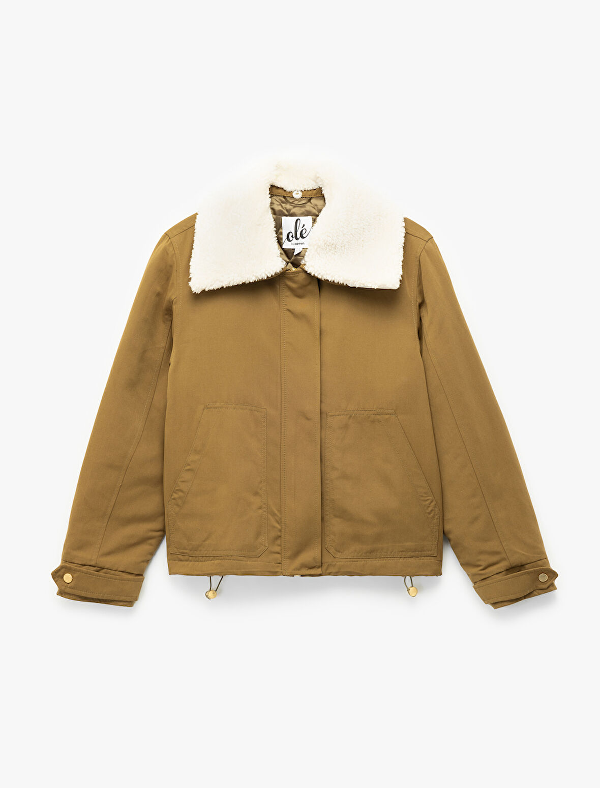 Uzun Kollu Fermuarlı Cep Detaylı Peluş Yaka  Ceket