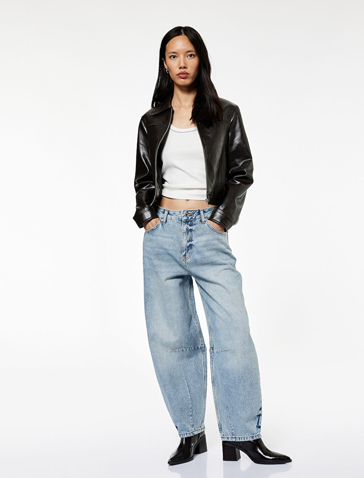 Pamuklu Rahat Kalıp Düğmeli Cepli Balon Jean Pantolon - Balloon Fit Jeans