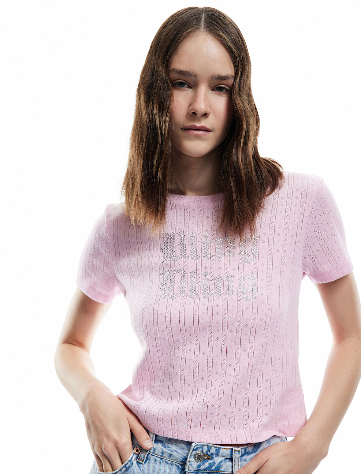 Taş Detaylı Bisiklet Yaka Dar Kesim Pamuklu Kısa Kollu Baskılı Tişört