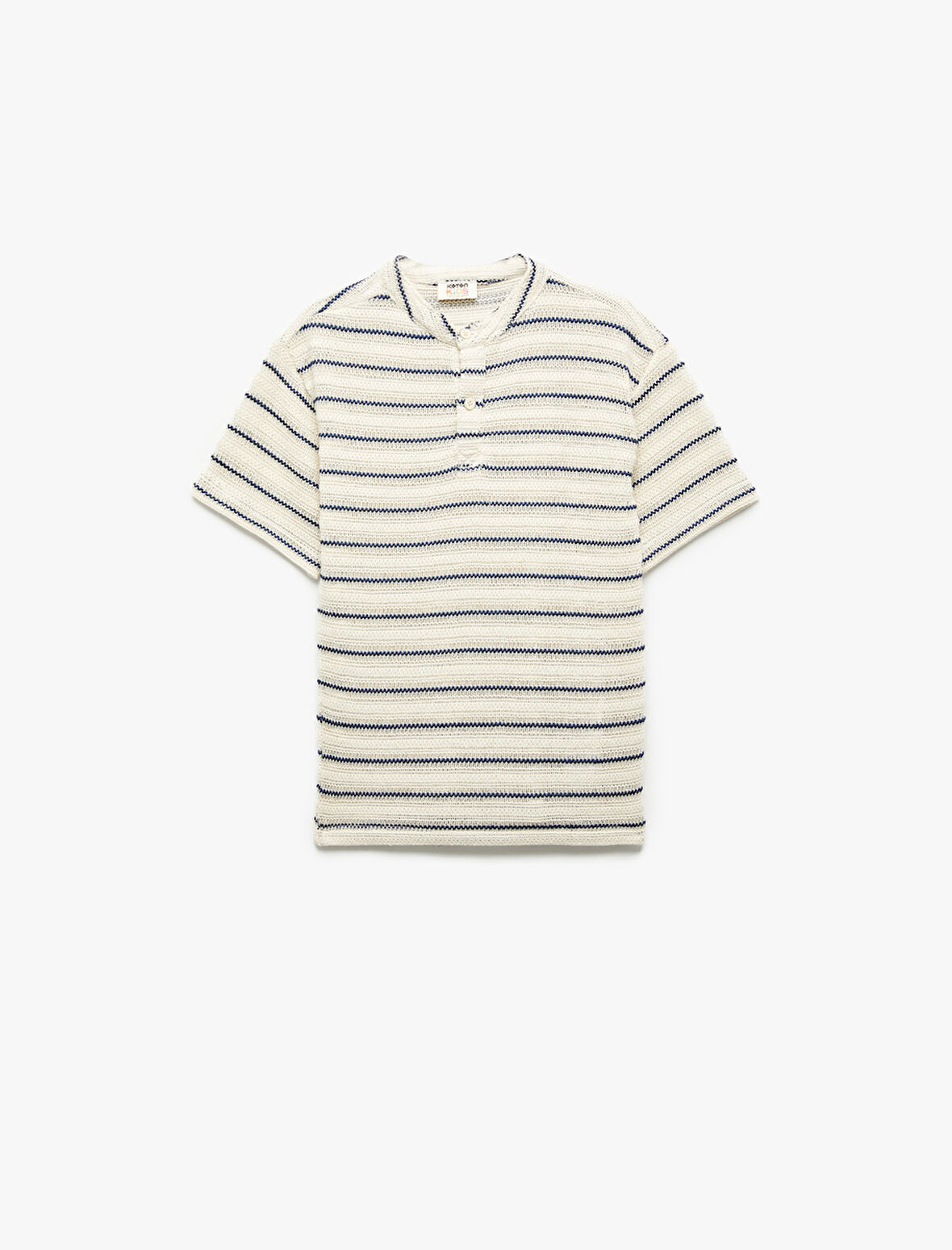 Düğmeli Yuvarlak Yaka Kısa Kollu Triko Çizgili Tişört