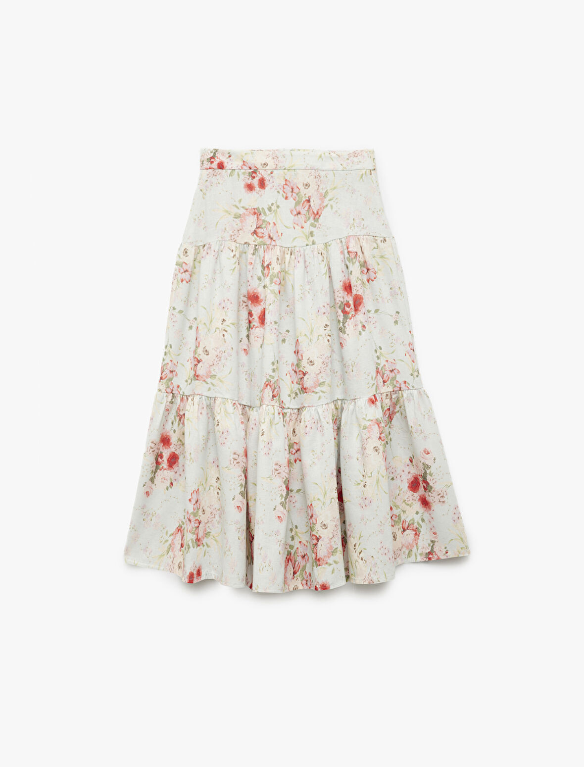 Viskon ve Keten Karışımlı Yüksek Belli Çiçekli Midi Etek