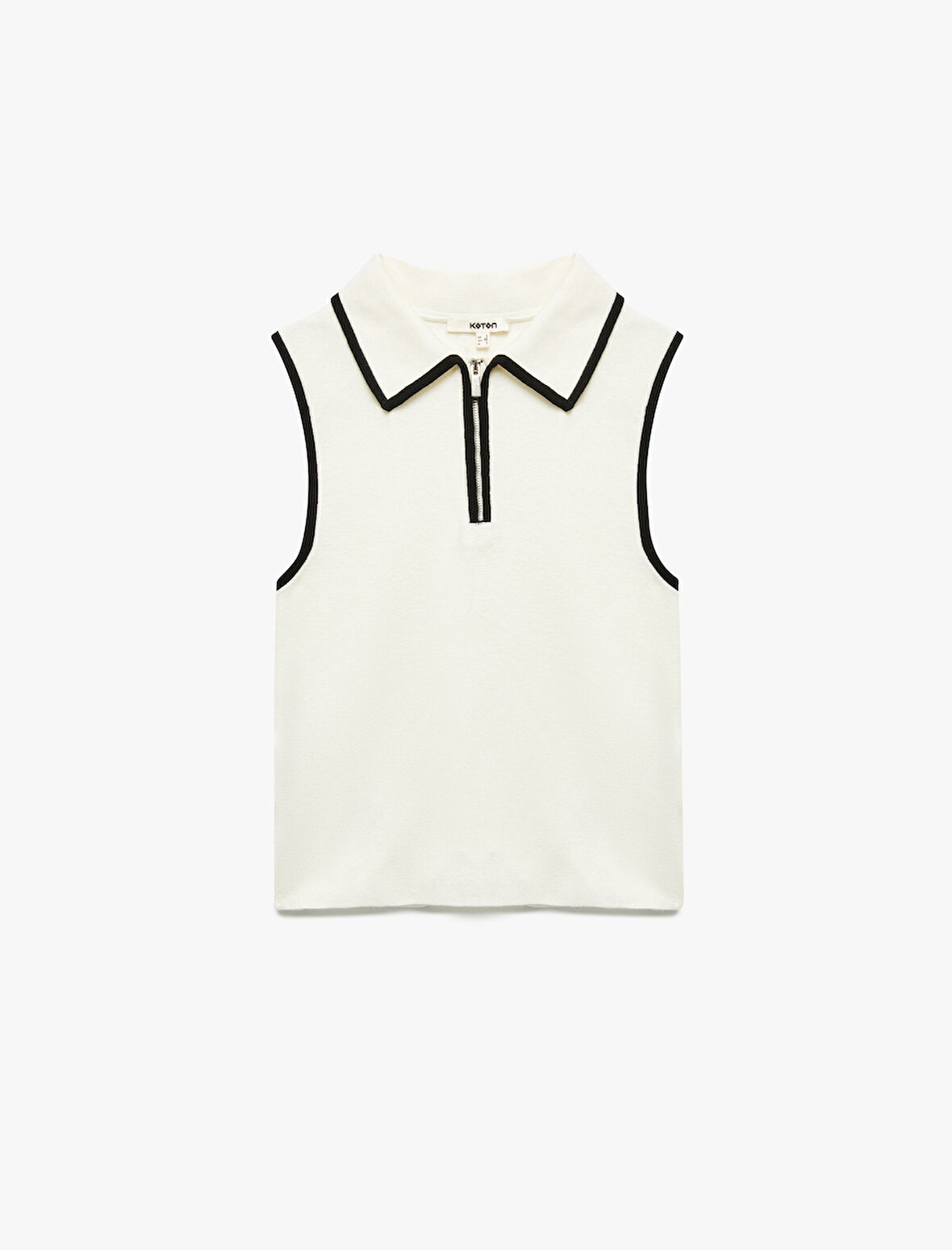 Renk Kontrastlı Kolsuz Fermuar Detaylı Polo Yaka Triko Bluz