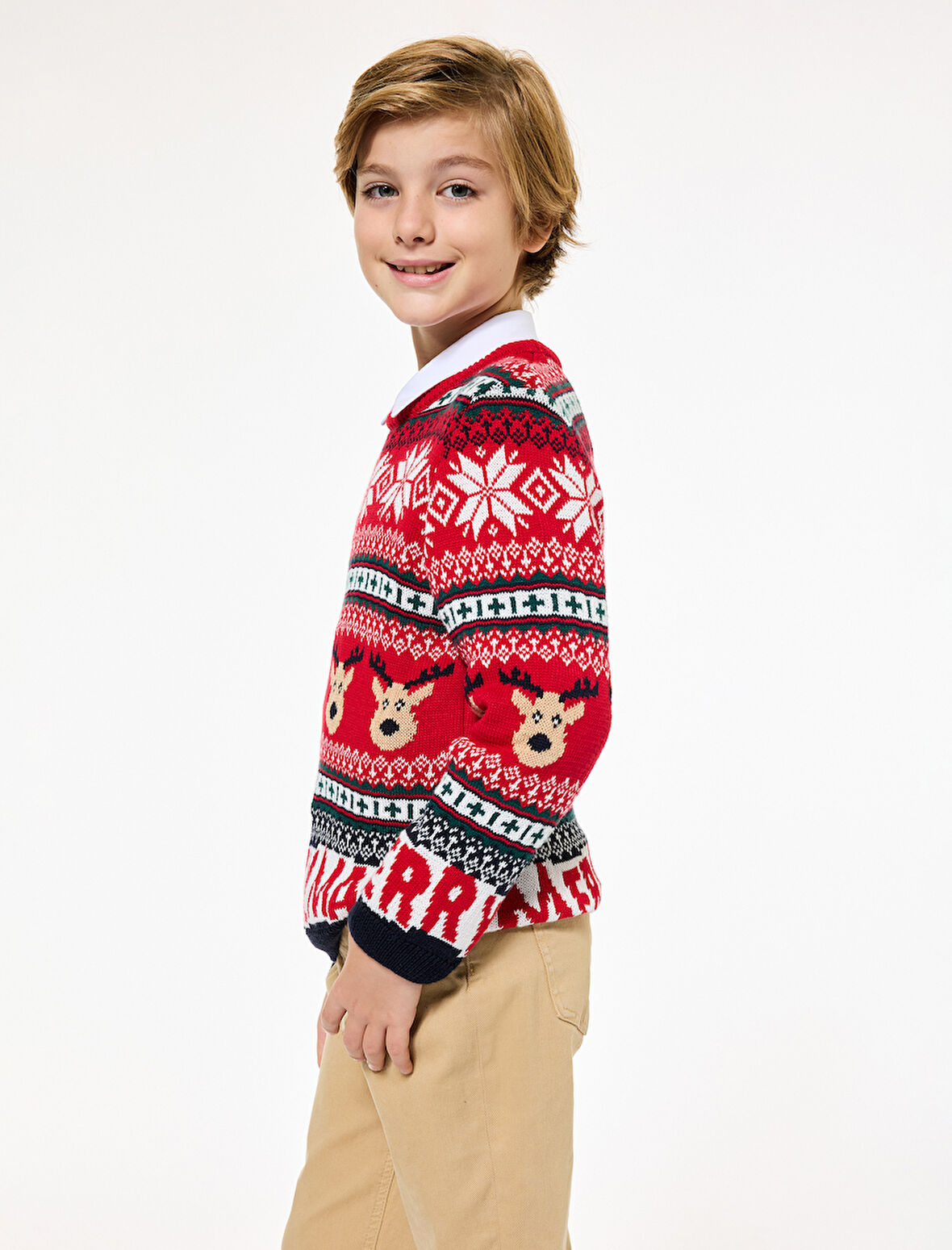 Bisiklet Yaka Uzun Kollu Yılbaşı Desenli Triko Kazak