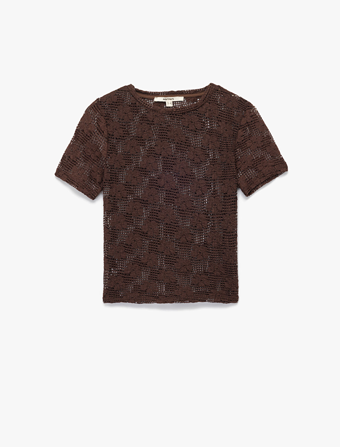 Slim Fit Kısa Kollu Kayık Yaka Ajurlu Kroşe Crop Tişört