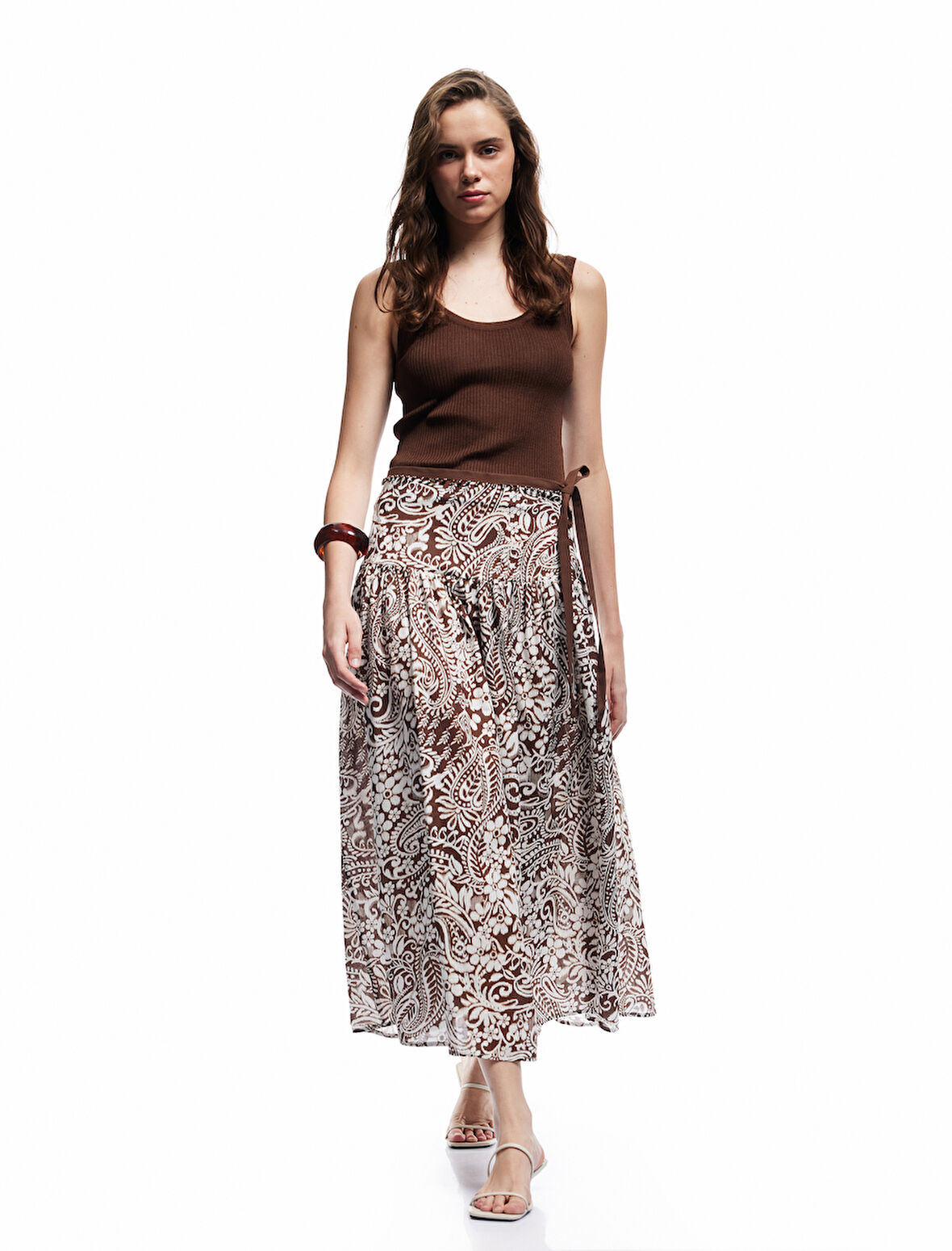 Pamuklu Etnik Desenli Pileli Bağlama Detaylı Boncuklu Midi Boy Kloş Etek