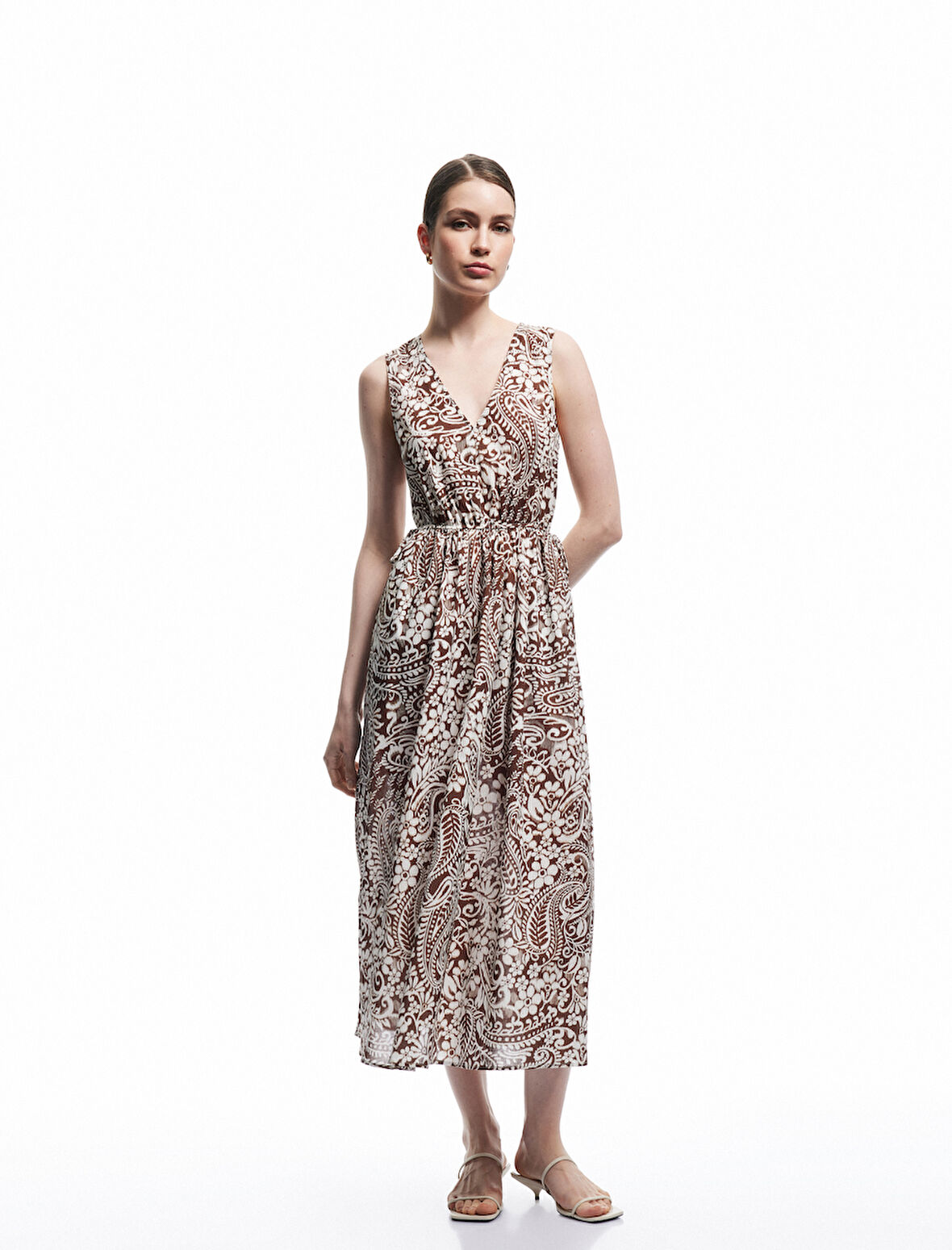 Pamuklu Bağlama Detaylı Kolsuz Midi Boy V Yaka Çiçekli Elbise