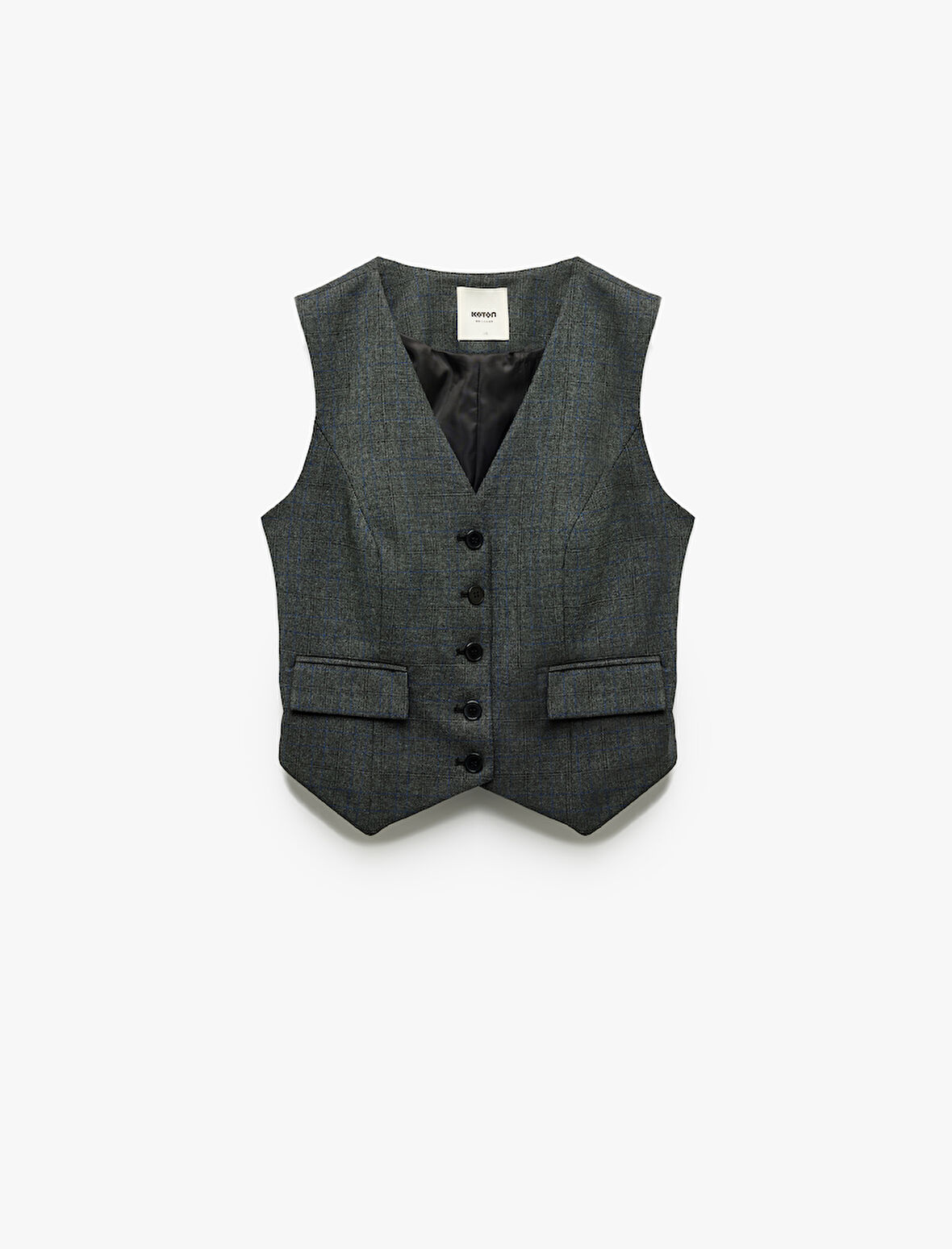 V Yaka Kolsuz Düğmeli Cepli Kareli Blazer Yelek