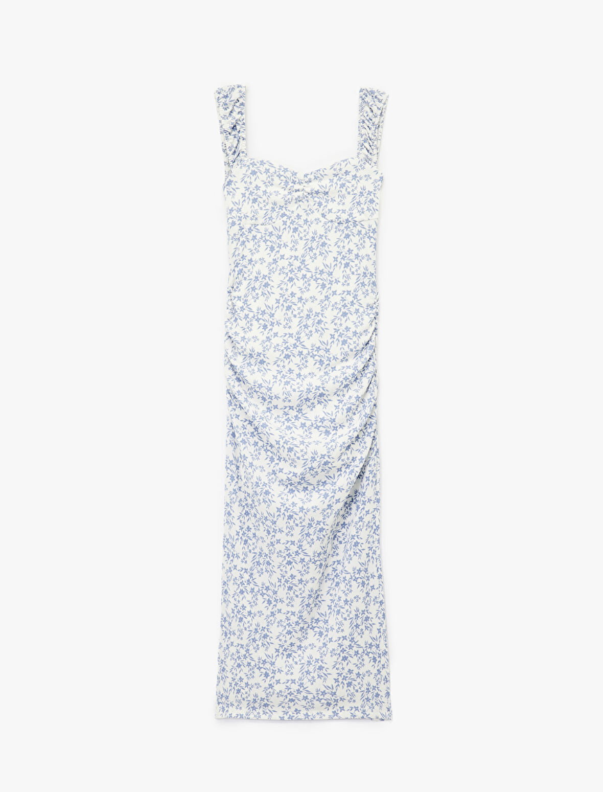 Kalp Yaka Kısa Kollu Sırt Detaylı Çiçekli Yırtmaçlı Slim Fit Maxi Elbise