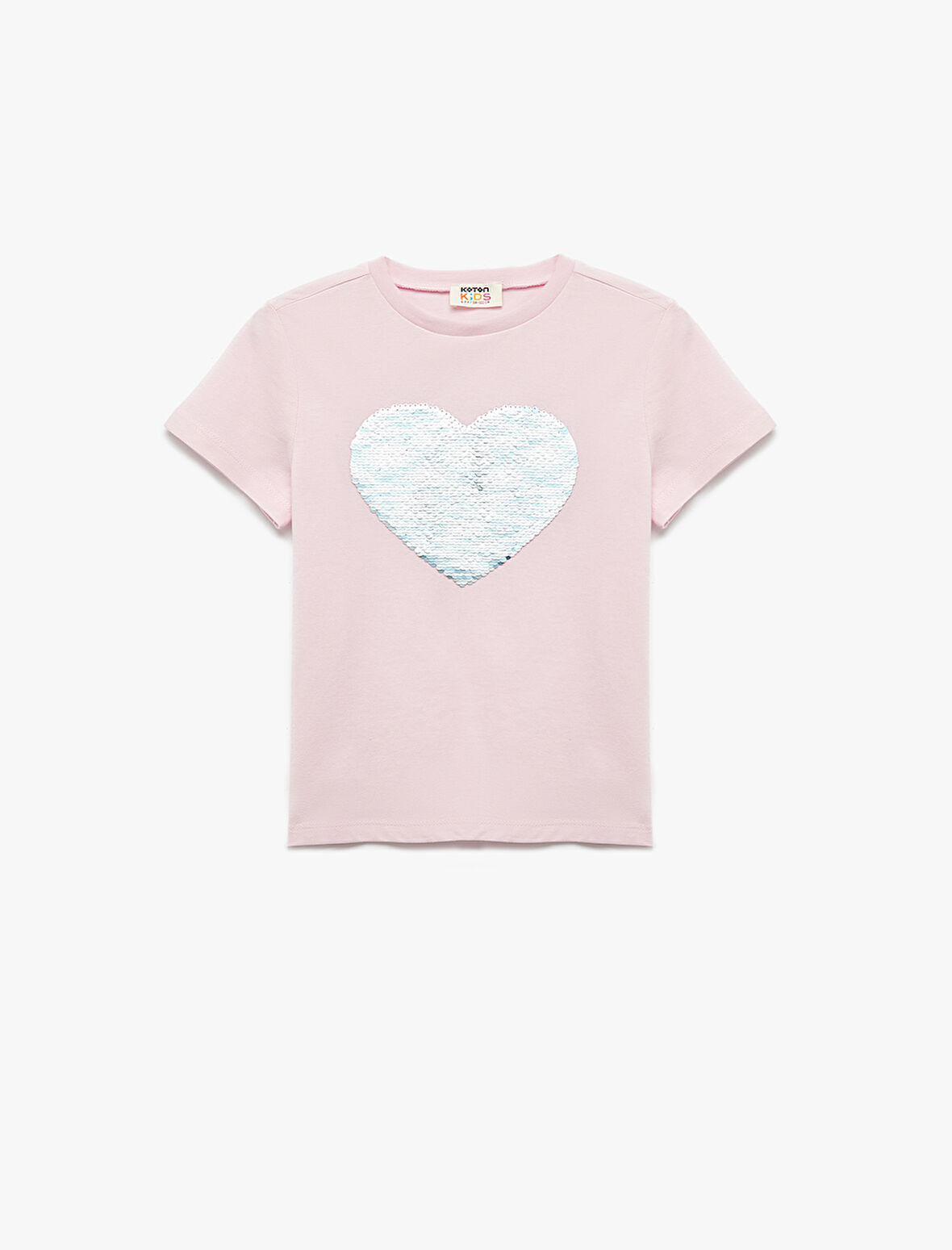 Pamuklu Kalp Desenli Pullu Payetli Kısa Kollu Bisiklet Yaka Tişört