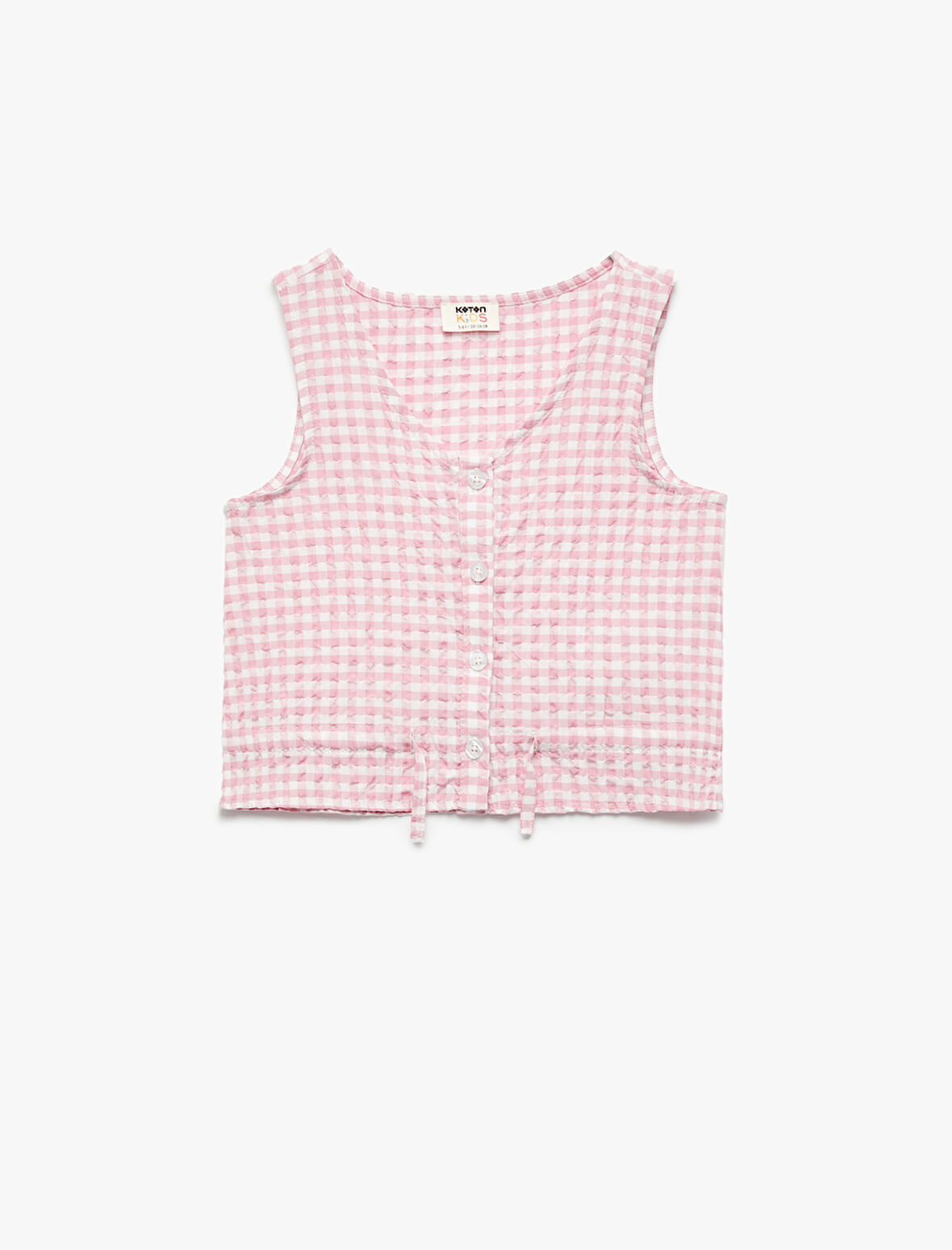 V Yaka Düğmeli Kolsuz Pötikare Bluz