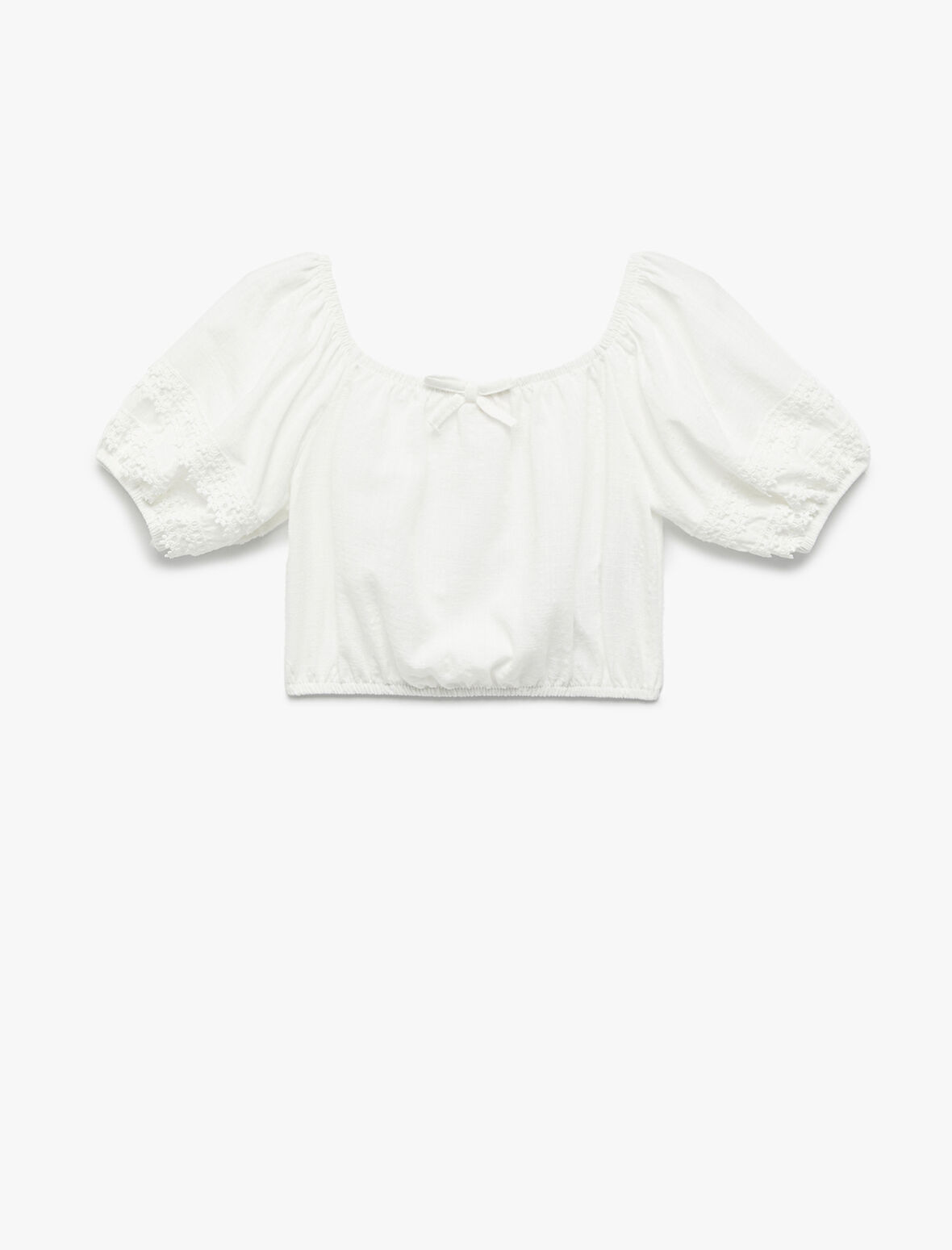 Dantel Detaylı Kısa Kollu Kayık Yaka Viskon Karışımlı Bluz