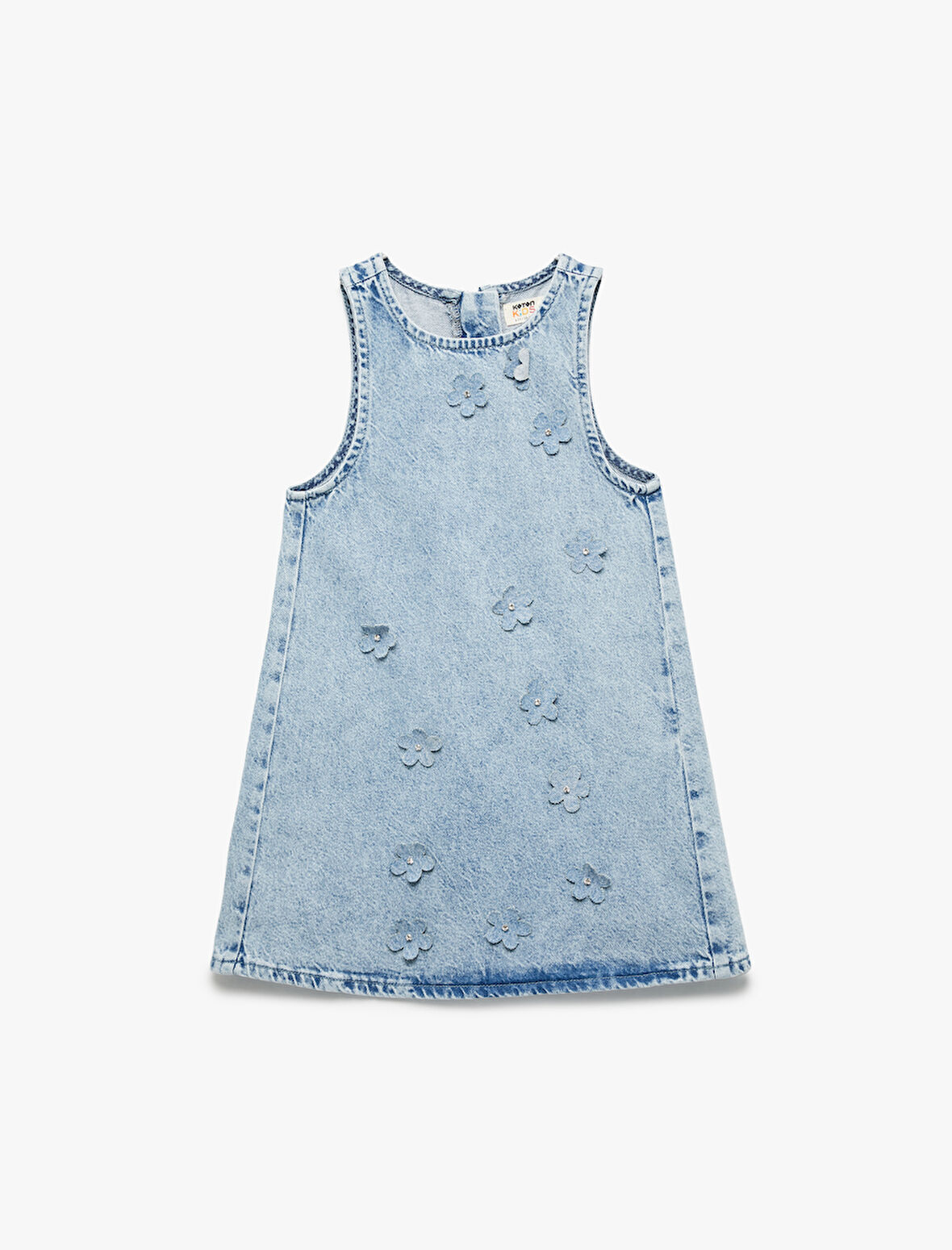 Pamuklu Bisiklet Yaka Fermuarlı Kolsuz Çiçekli Denim Elbise