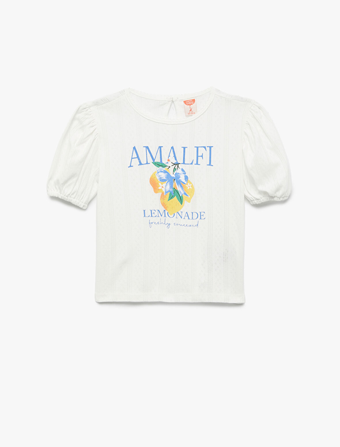 Limon Baskılı Pamuklu Bisiklet Yaka Balon Kollu Tişört