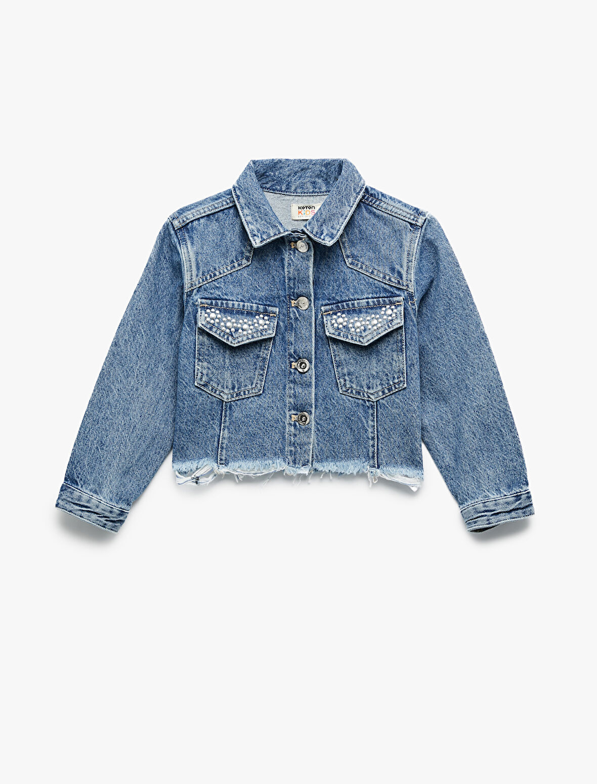 Uzun Kollu Taş Detaylı Cepli Pamuklu Denim Ceket