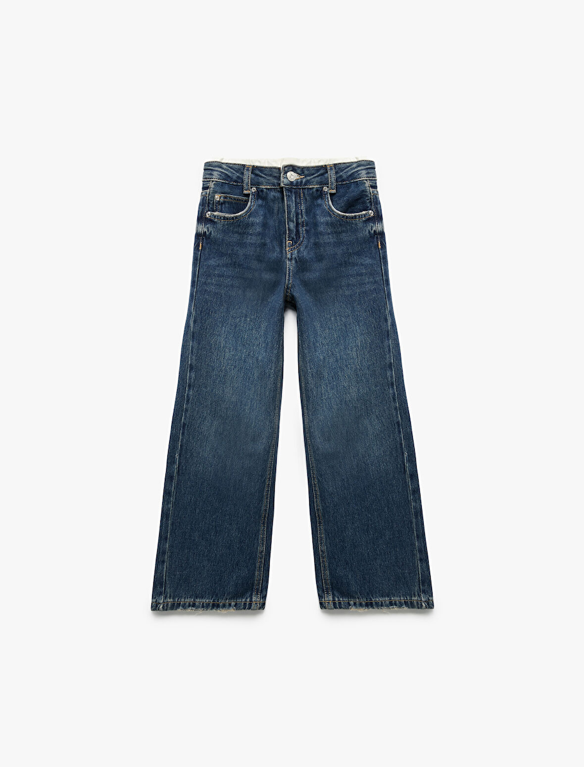 Beli Bağcıklı Pamuklu Geniş Paça Denim Pantolon