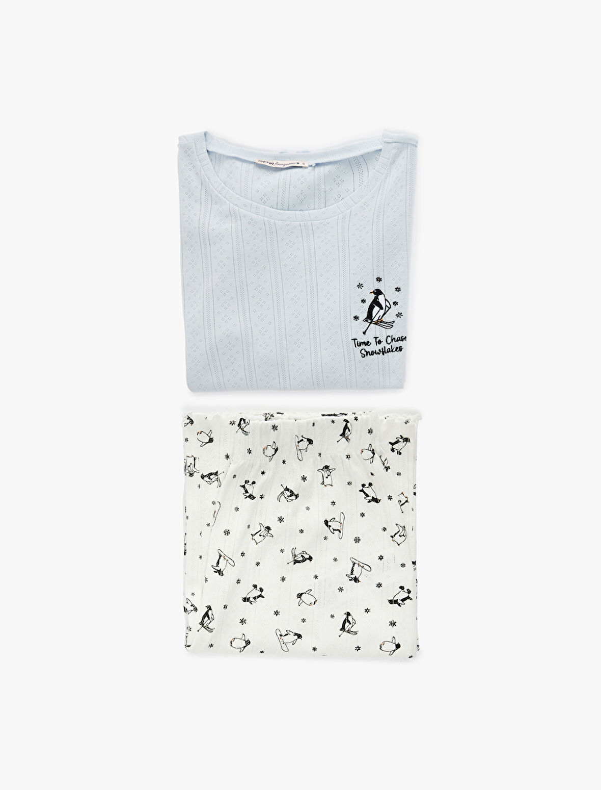 Pamuklu Uzun Kollu Bisiklet Yaka Penguen Baskılı Pijama Takımı