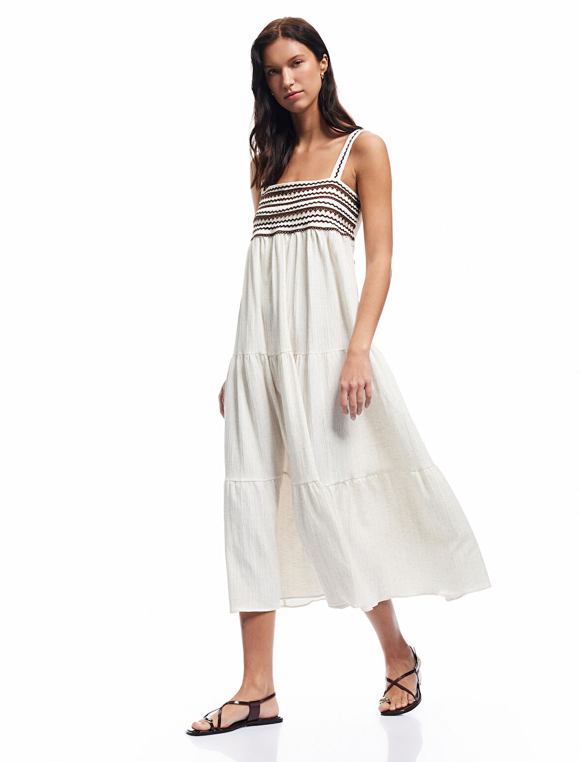 Viskon Keten Karışımlı Kolsuz Katlı Kare Yaka Uzun Askılı Müslin Elbise