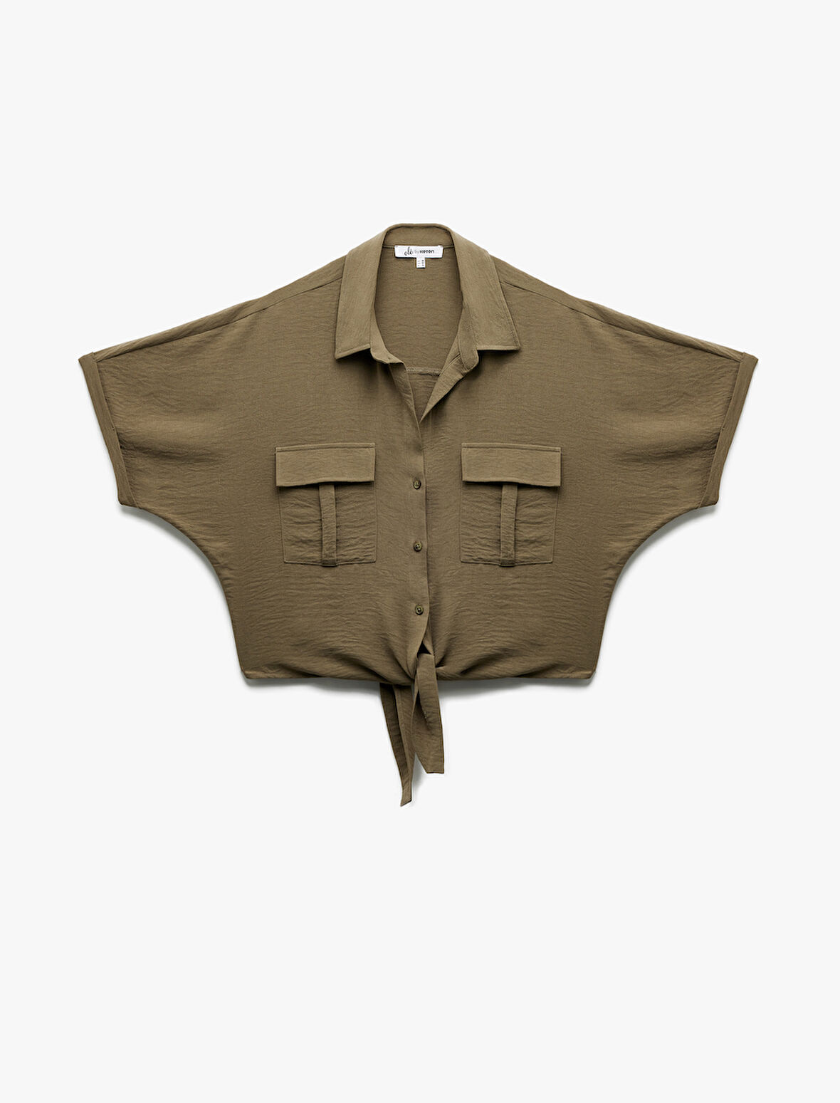 Kısa Kollu Klasik Yaka Bağlama Detaylı Cepli Crop Oversize Bluz