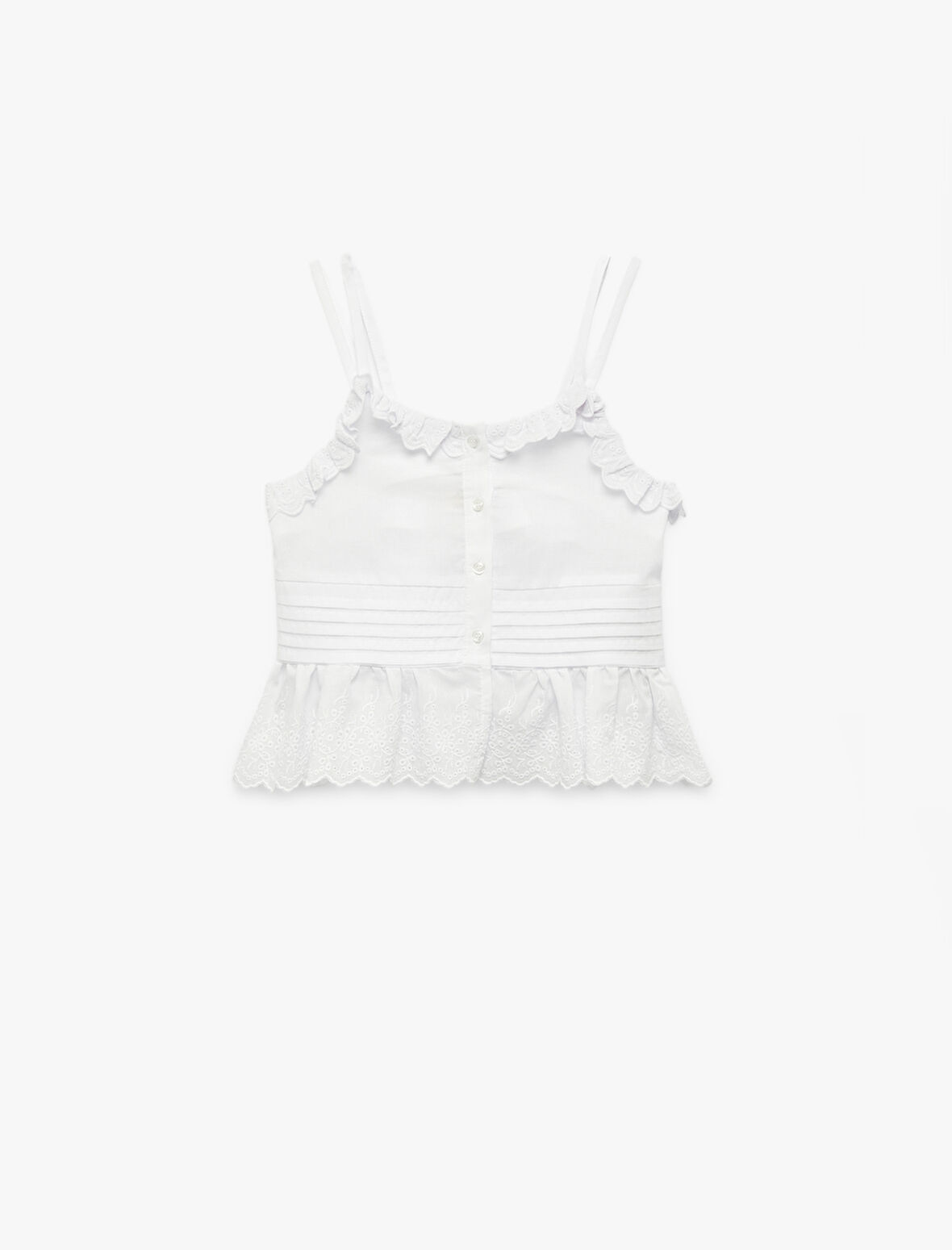 Pamuklu Fırfır Detaylı Brodeli Askılı Crop Bluz